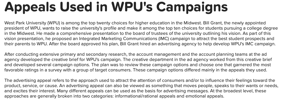 Appeals Used in WPU's Campaigns West Park
