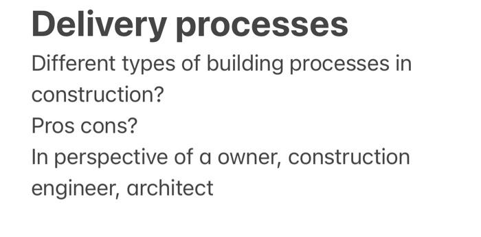 Delivery processes Different types of building