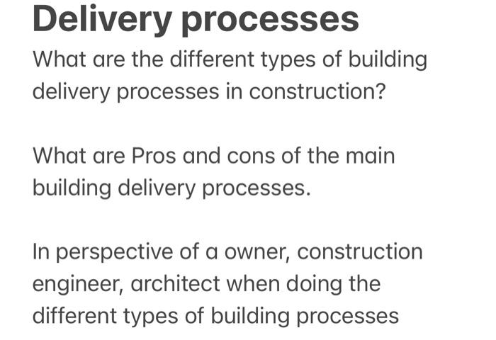 Delivery processes Different types of building
