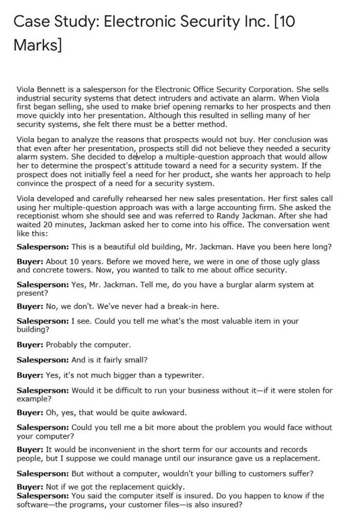 Case Study: Electronic Security Inc. [10 Marks]