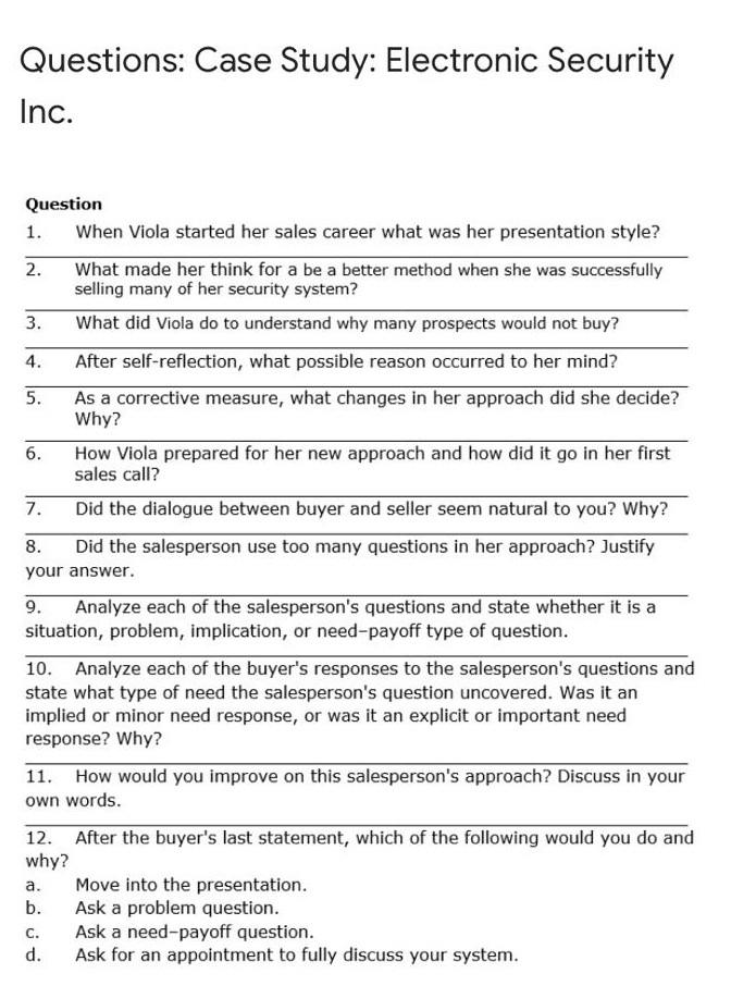 Case Study: Electronic Security Inc. [10 Marks]