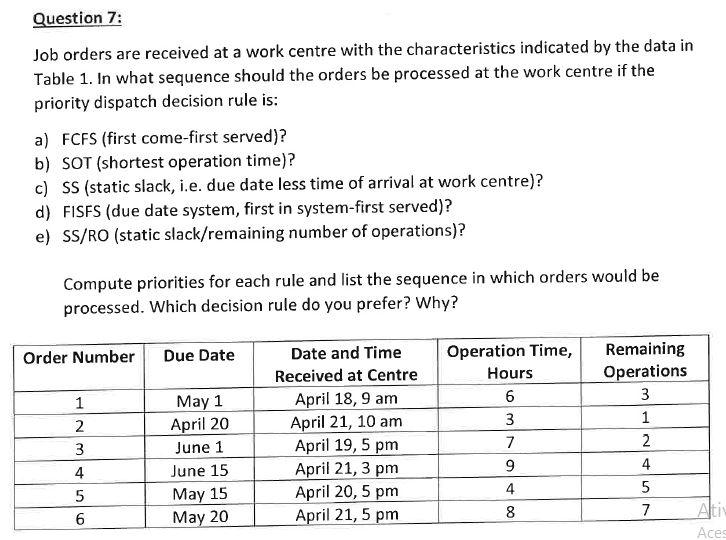 Question 7: Job orders are received at a work
