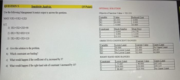 (25 Points) QUESTION 5: Sensitivity Analysis. Use