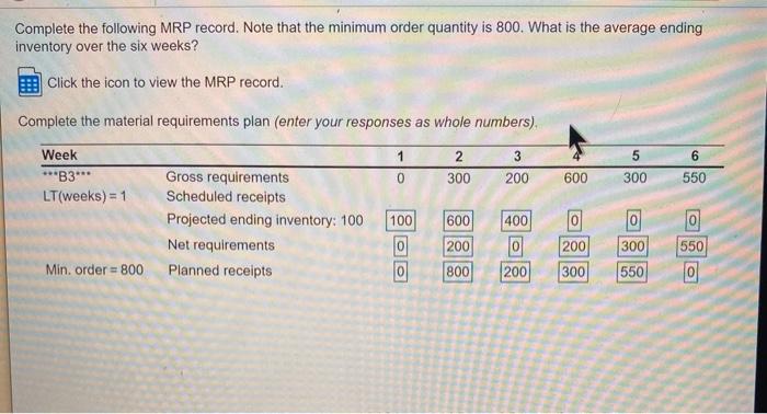 Complete the following MRP record. Note that the