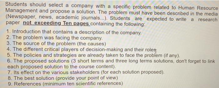 Students should select a company with a specific