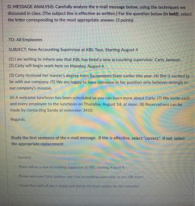 D. MESSAGE ANALYSIS: Carefully analyze the e-mail