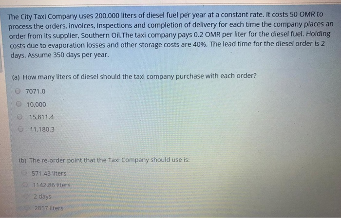 The City Taxi Company uses 200,000 liters of