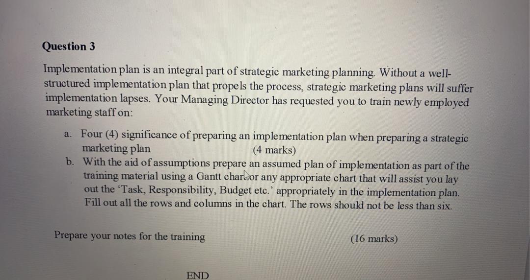 Question 3 Implementation plan is an integral