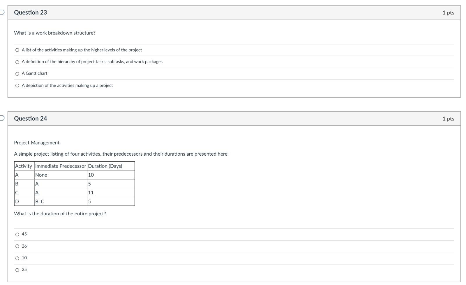 Question 23 1 pts What is a work breakdown