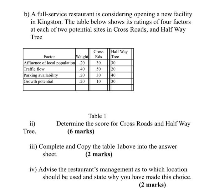 b) A full-service restaurant is considering