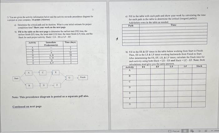 .) Fill in the table with each path and show your