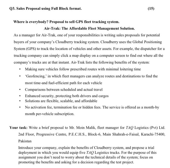 Q3. Sales Proposal using Full Block format. (15)