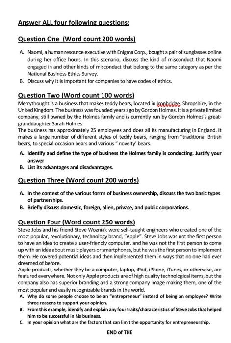 Answer ALL four following questions: Question One