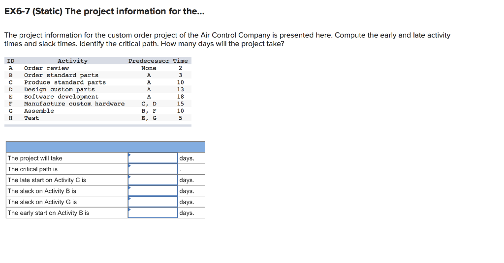 EX6-7 (Static) The project information for the...