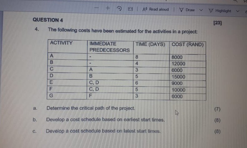 + 2 AD Read aloud V Draw Highlight QUESTION 4
