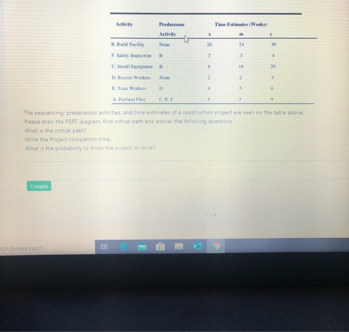 Activity Predecessor Time Estimates (Weeks)