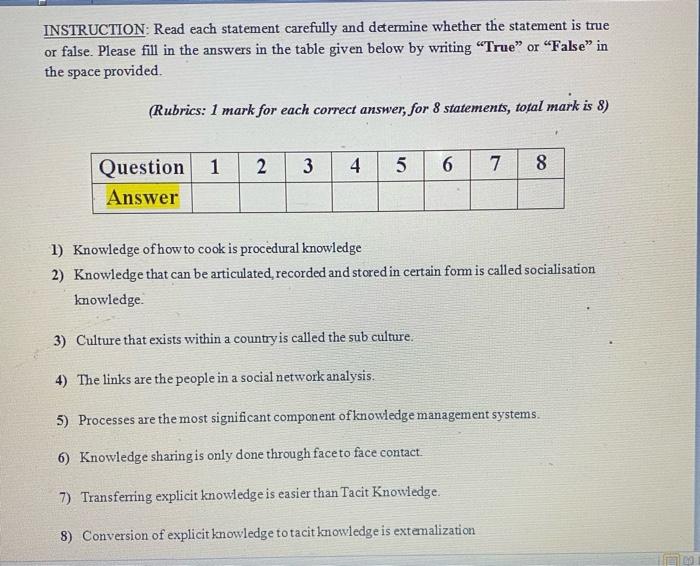 INSTRUCTION: Read each statement carefully and