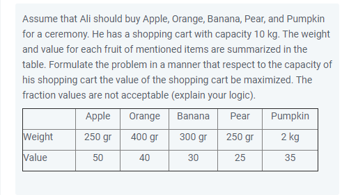 s Assume that Ali should buy Apple, Orange,