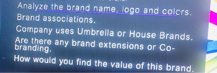 Analyze the brand name, logo and colors. Brand