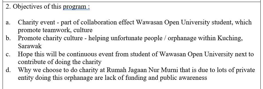 2. Objectives of this program : a. Charity event