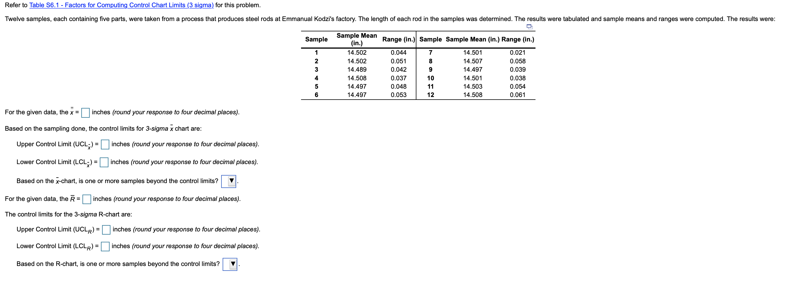 show work Refer to Table S6.1 - Factors for