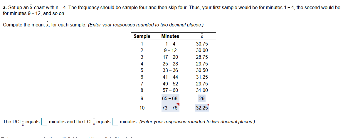 RBAR a. Set up an x-chart with n= 4. The