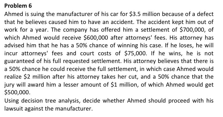 Problem 6 Ahmed is suing the manufacturer of his