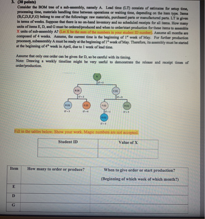 3. (30 points) Consider the BOM tree of a