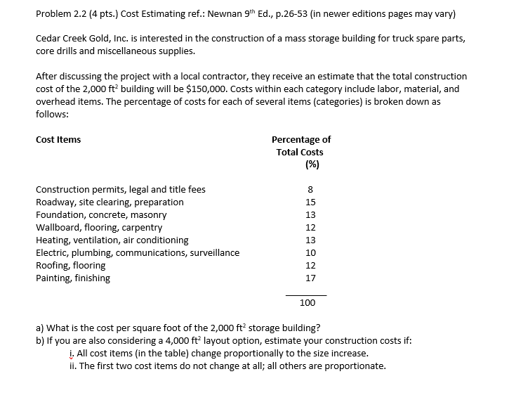 Problem 2.2 (4 pts.) Cost Estimating ref.: Newnan