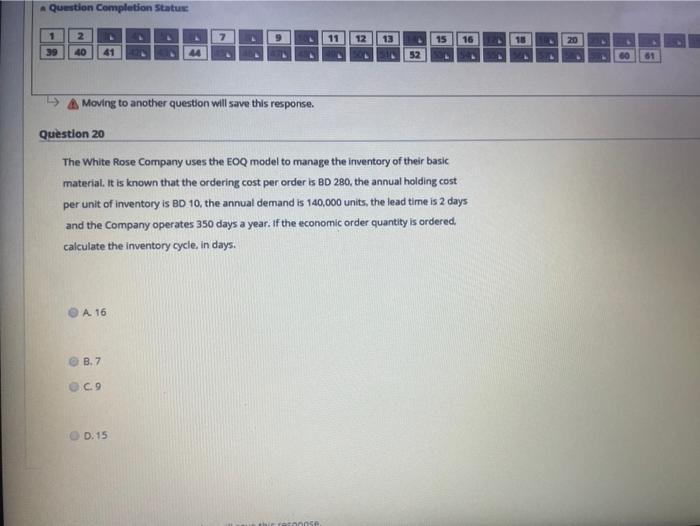 Question Completion Status 1 2 7 11 12 13 15 16