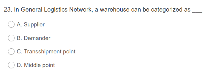 23. In General Logistics Network, a warehouse can