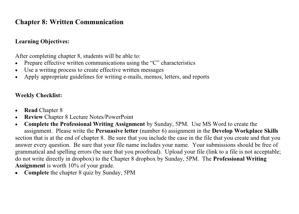 Learning Objectives: After completing chapter 8,