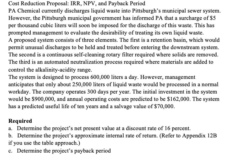Cost Reduction Proposal: IRR, NPV, and Payback