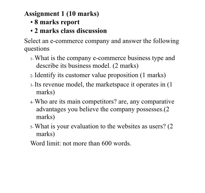 Assignment 1 (10 marks) 8 marks report 2 marks