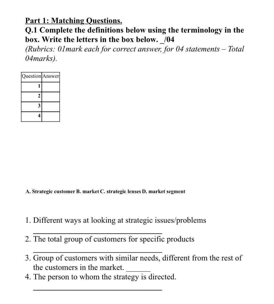 Part 1: Matching Questions. Q.1 Complete the
