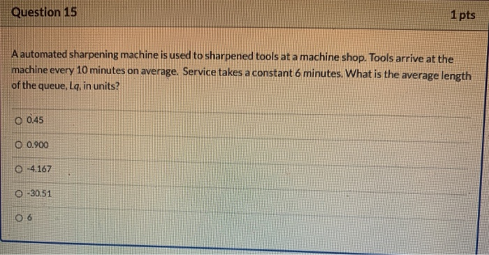 Question 15 1 pts A automated sharpening machine