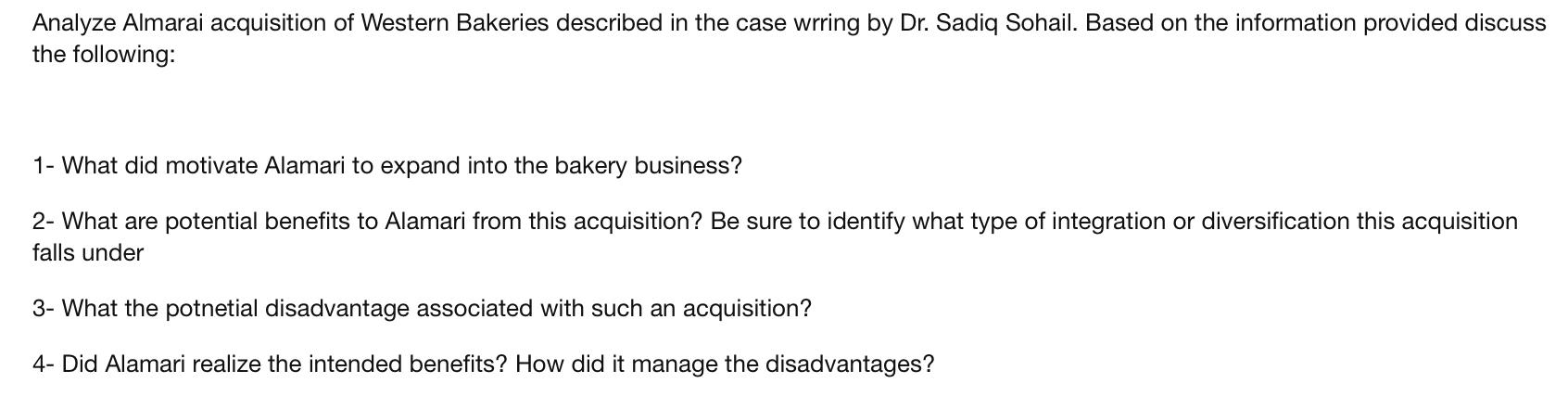 Analyze Almarai acquisition of Western Bakeries