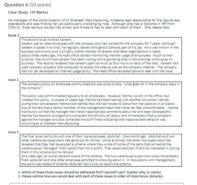 Question 6 (10 points) Case Study: (10 Marks) As
