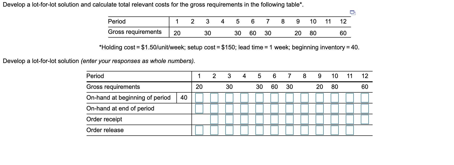 Develop a lot-for-lot solution and calculate