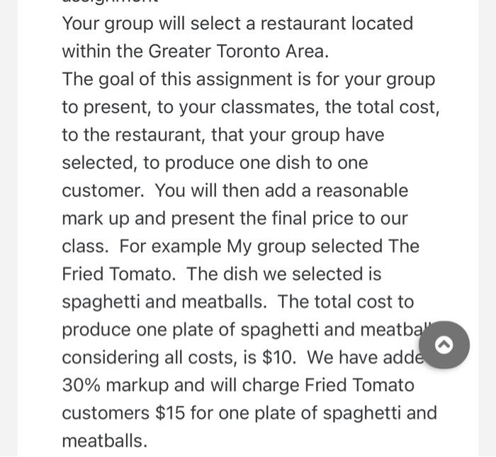 Your group will select a restaurant located