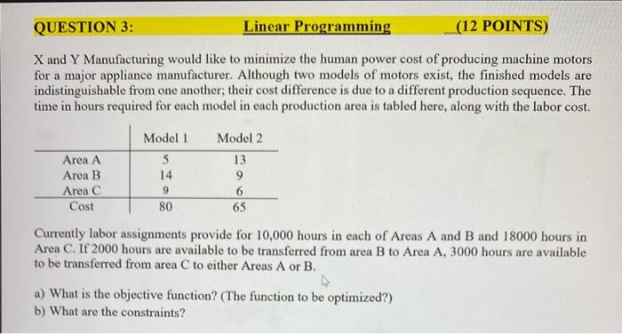 QUESTION 3: Linear Programming (12 POINTS) X and