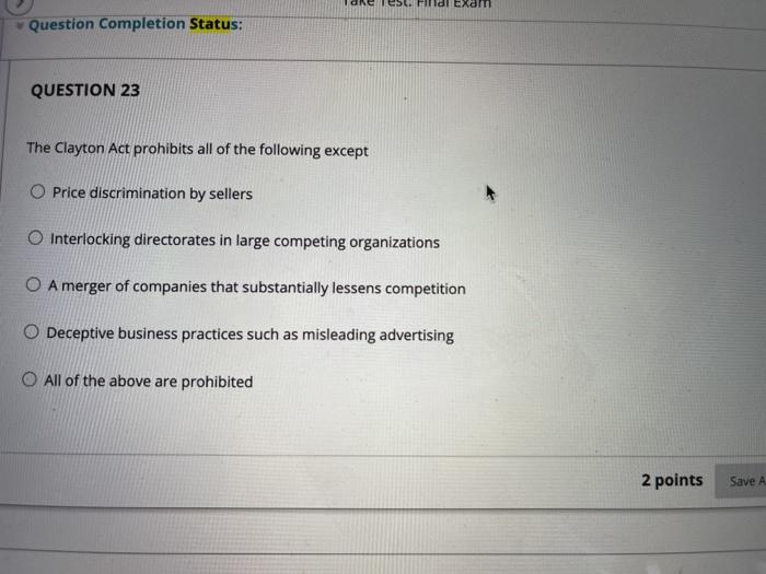 Question Completion Status: QUESTION 23 The