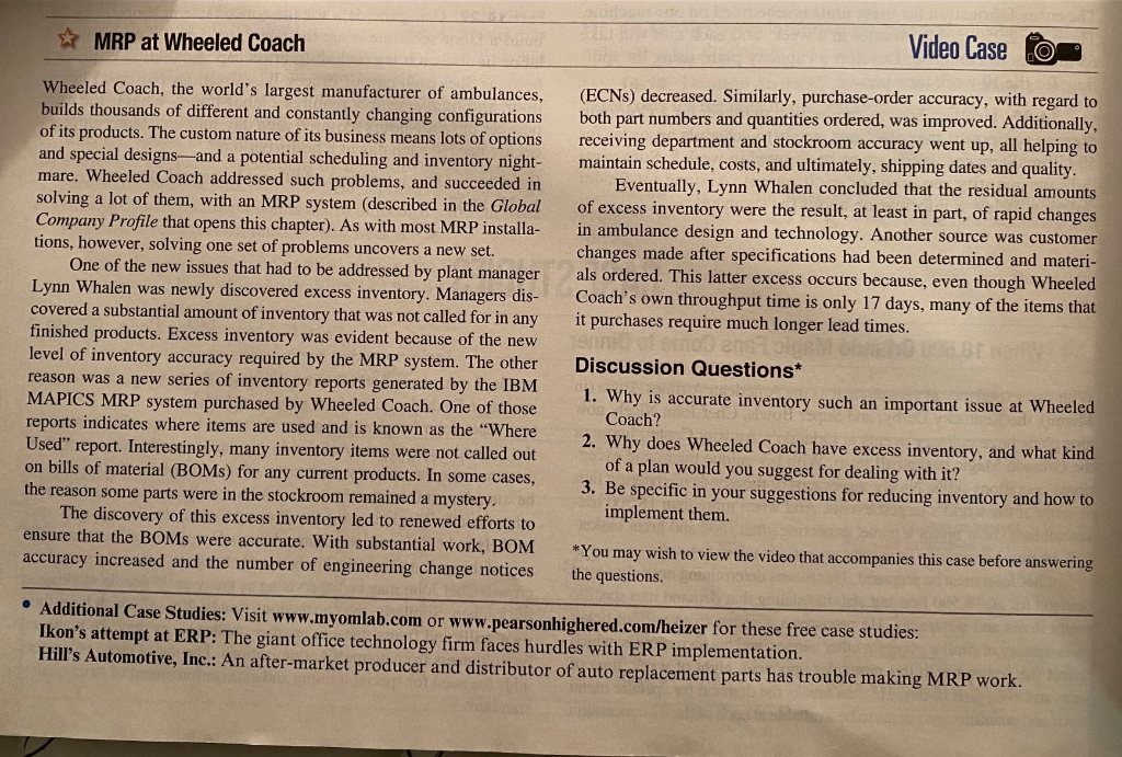 Case study on MRP at Wheeling coach and prepare a