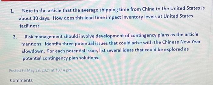 1. Note in the article that the average shipping