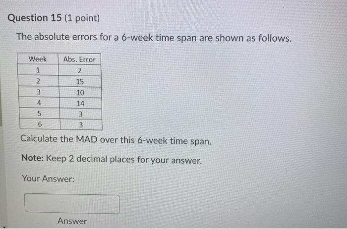 Question 15 (1 point) The absolute errors for a