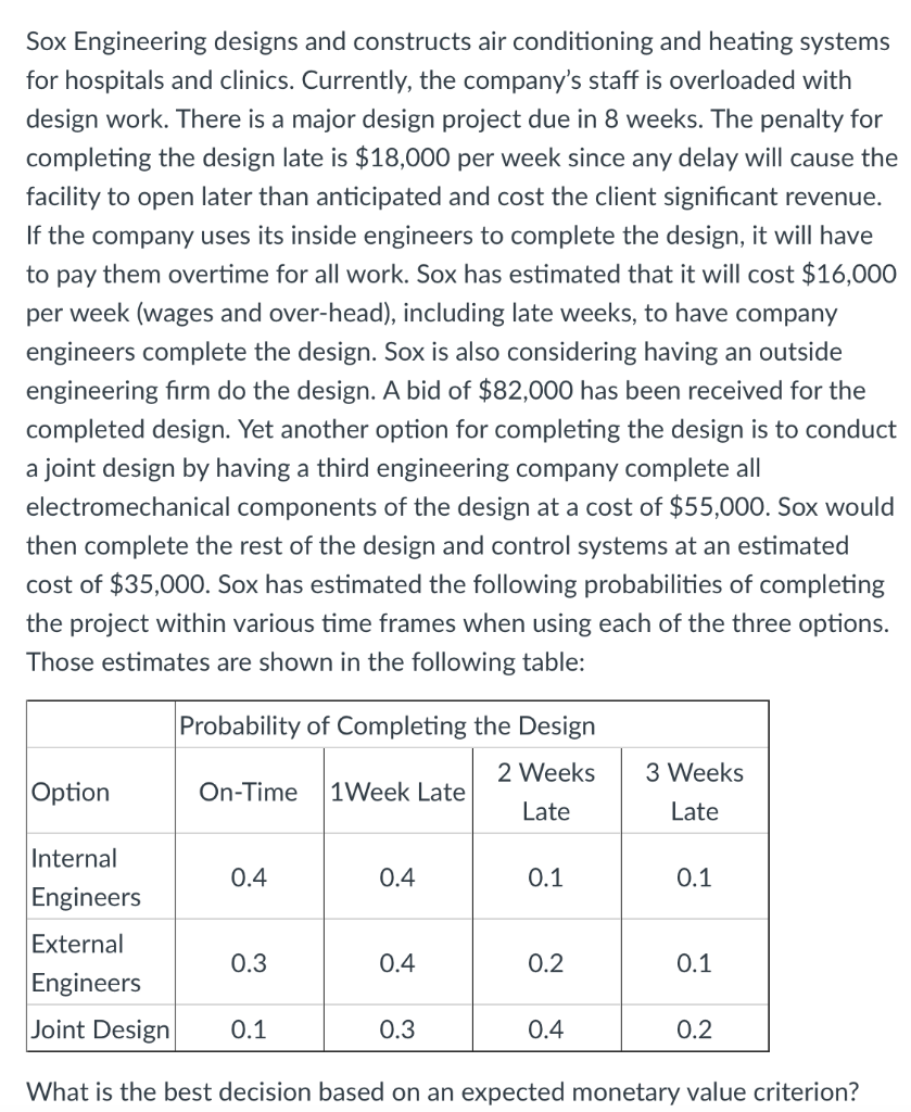 Answer using Excel*** Sox Engineering designs and