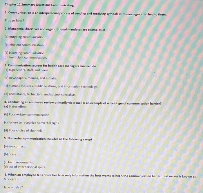 Chapter 12 Summary Questions Communicating 1.