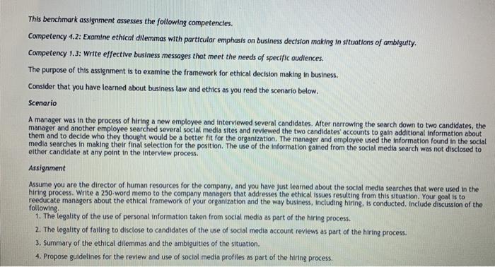 This benchmark assignment assesses the following