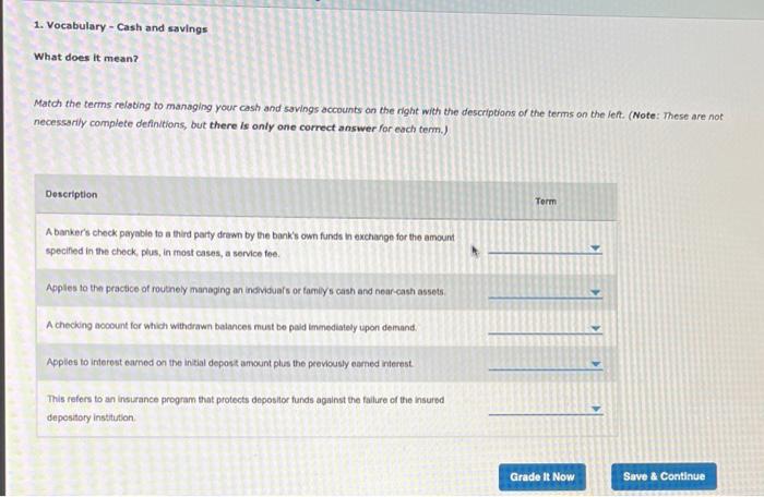1. Yocabulary - Cash and savings What does it