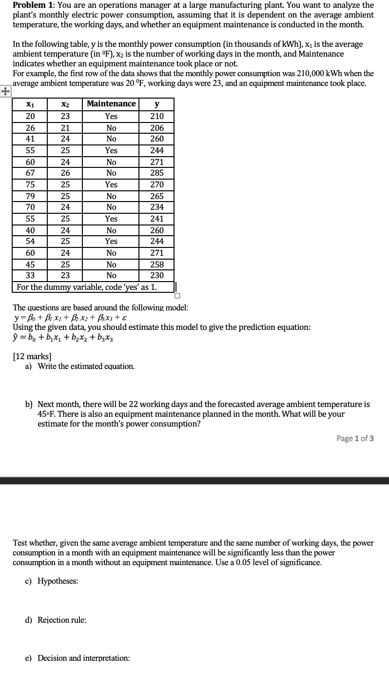 Problem 1: You are an operations manager at a